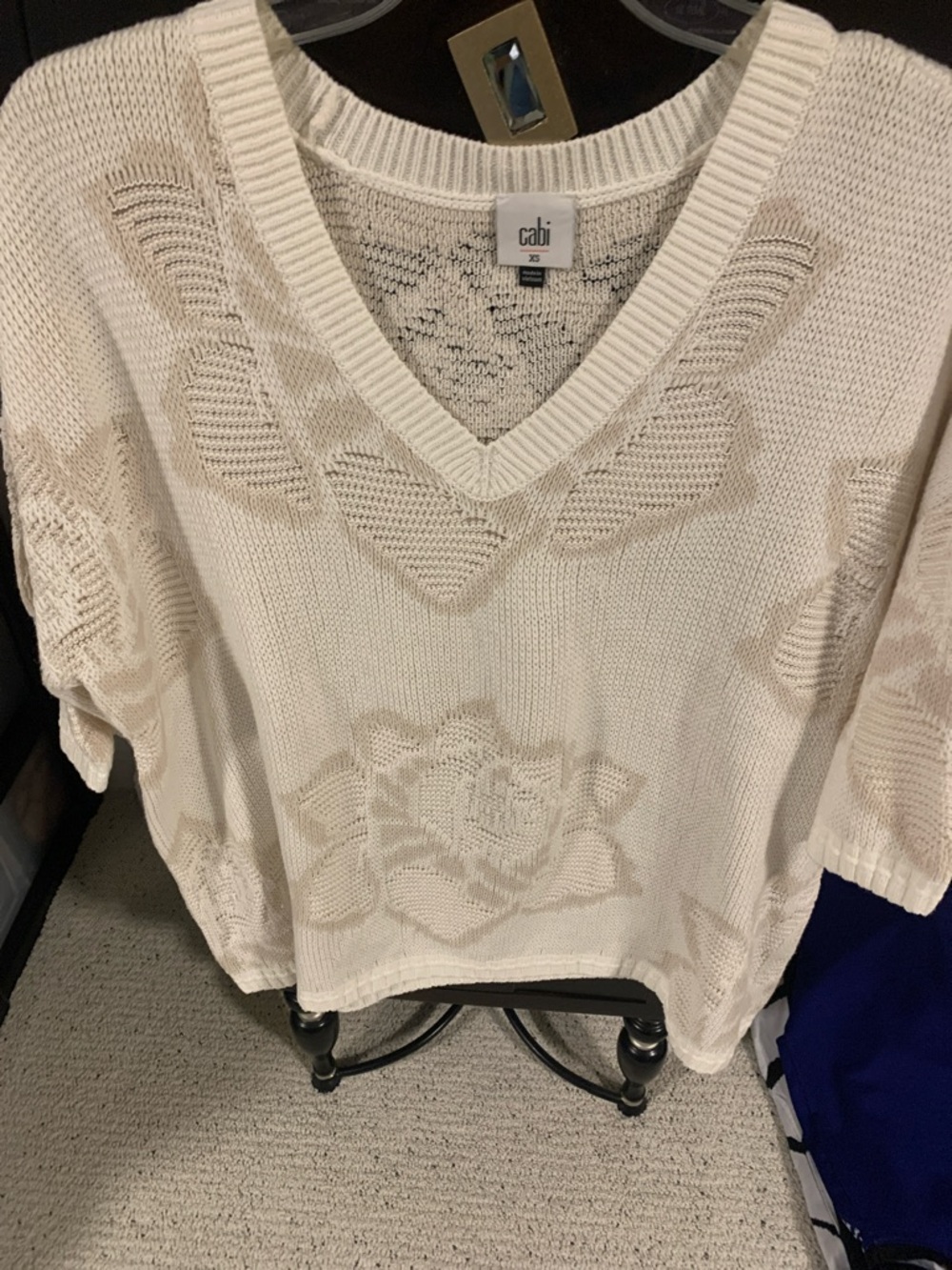 CAbi Ivory Floral Open-Knit V-Neck Sweater